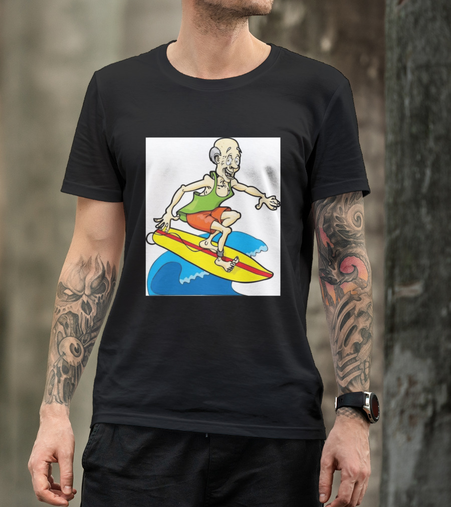 Retired Man Surfing Funny Cartoon Boomer On Yellow Board With Blue Waves T-Shirt