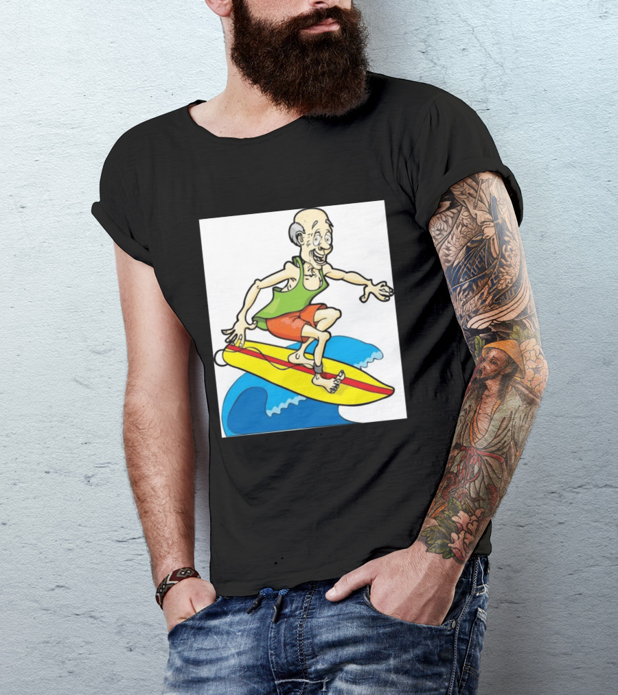 Retired Man Surfing Funny Cartoon Boomer On Yellow Board With Blue Waves T-Shirt