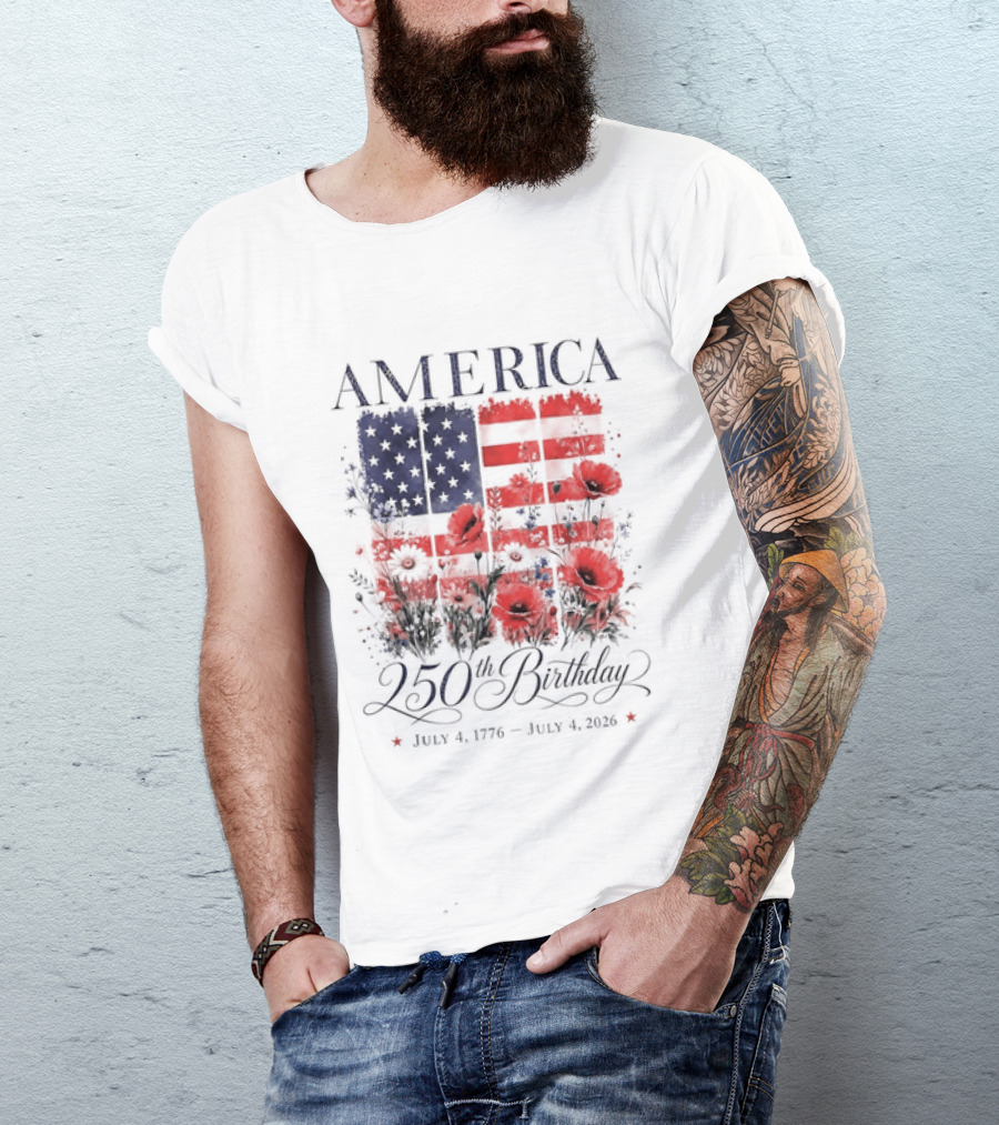 America 250th Birthday July 4 1776 2026 Floral Flag T-Shirt