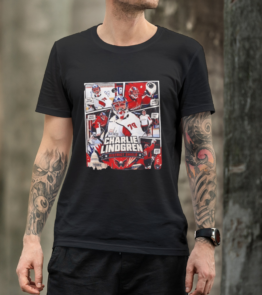Charlie Lindgren Capitals District Shield Comic Style Hockey Action T-Shirt