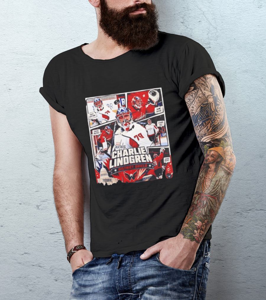 Charlie Lindgren Capitals District Shield Comic Style Hockey Action T-Shirt