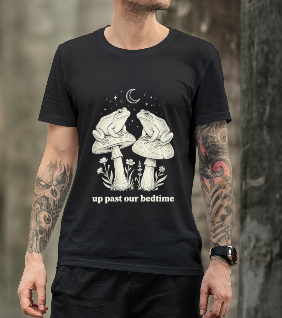 Two Frogs On Mushrooms Up Past Our Bedtime Night Sky Moon Stars T-Shirt