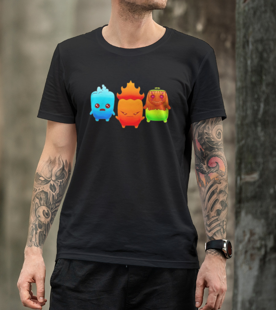 Water Fire And Earth Elemental Creatures Fireboy And Watergirl Cute Characters T-Shirt
