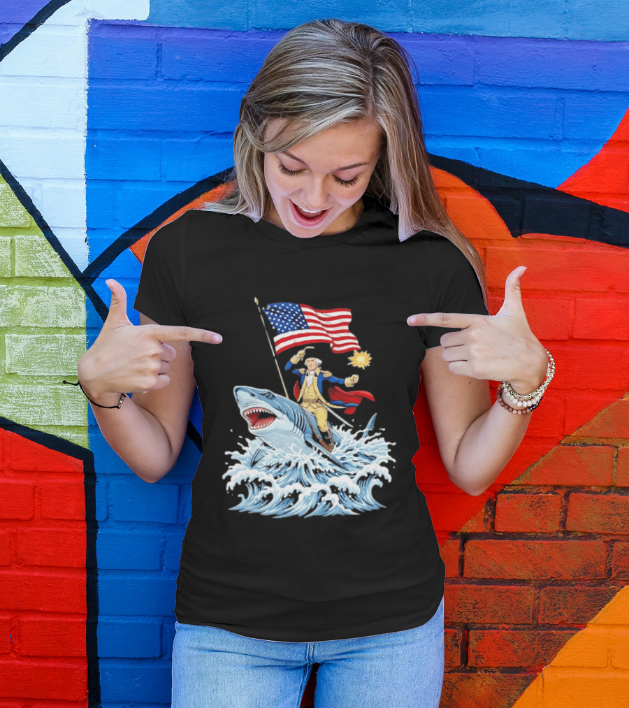 Shark Riding George Washington With American Flag Patriotic 4th Of July T-Shirt