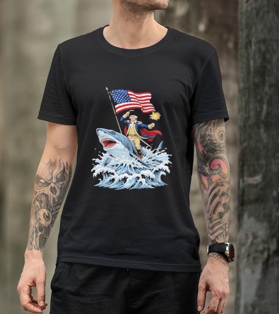Shark Riding George Washington With American Flag Patriotic 4th Of July T-Shirt