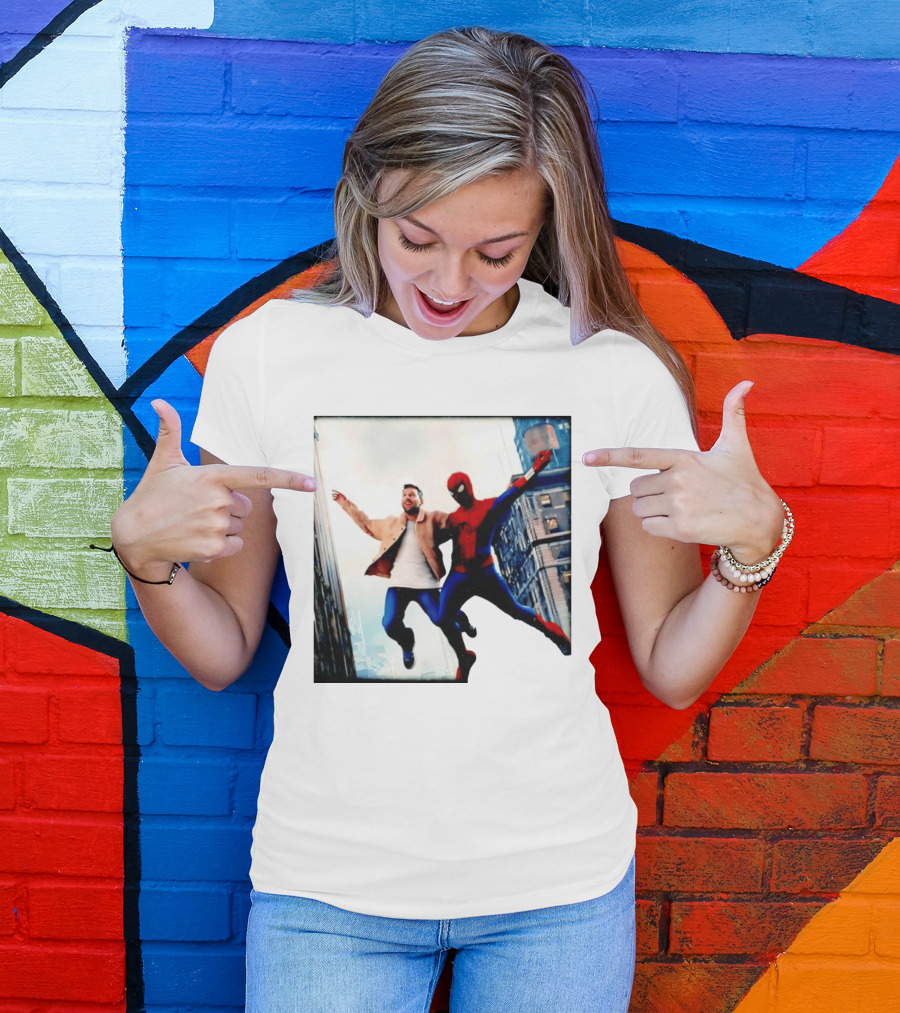 Lionel Messi And Spider Man Jump In City Marvel Cinematic Universe T-Shirt