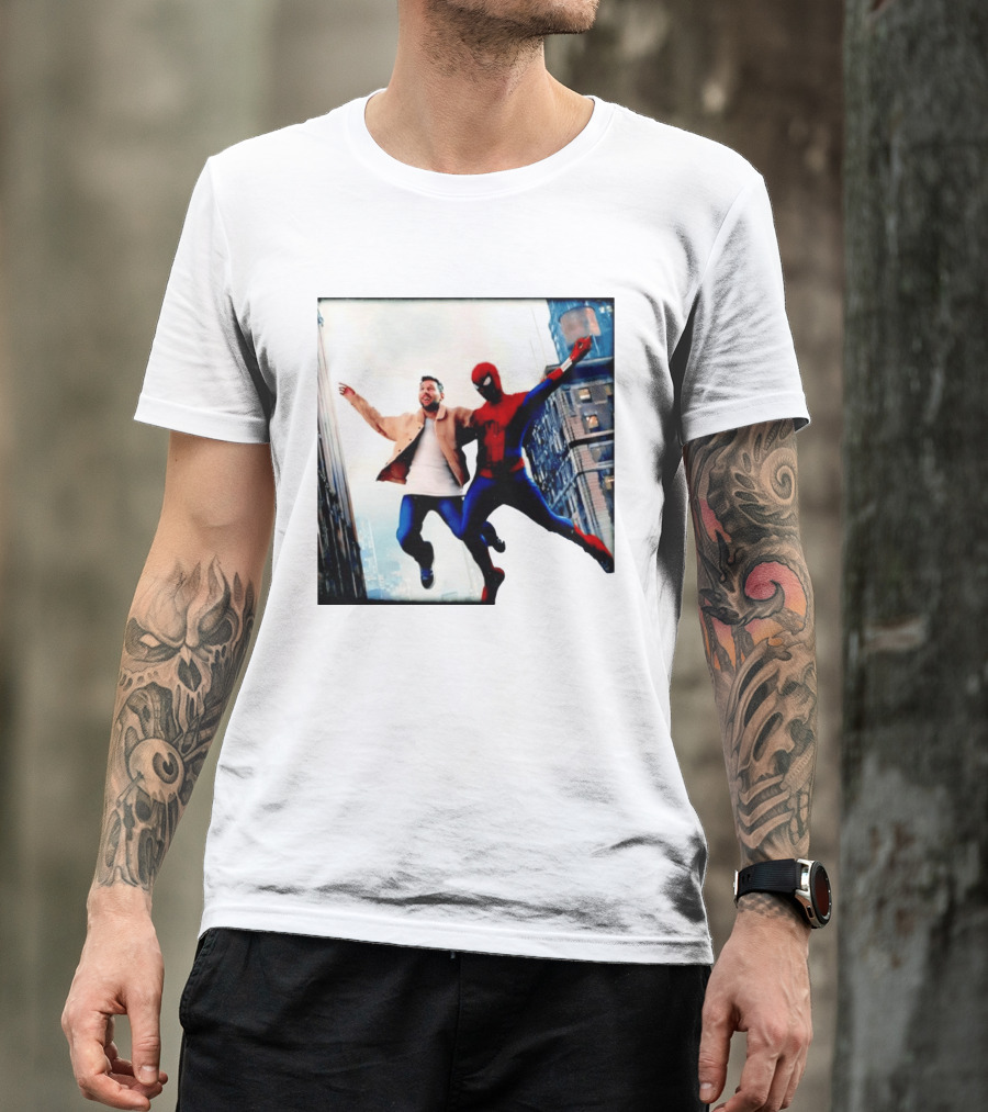 Lionel Messi And Spider Man Jump In City Marvel Cinematic Universe T-Shirt
