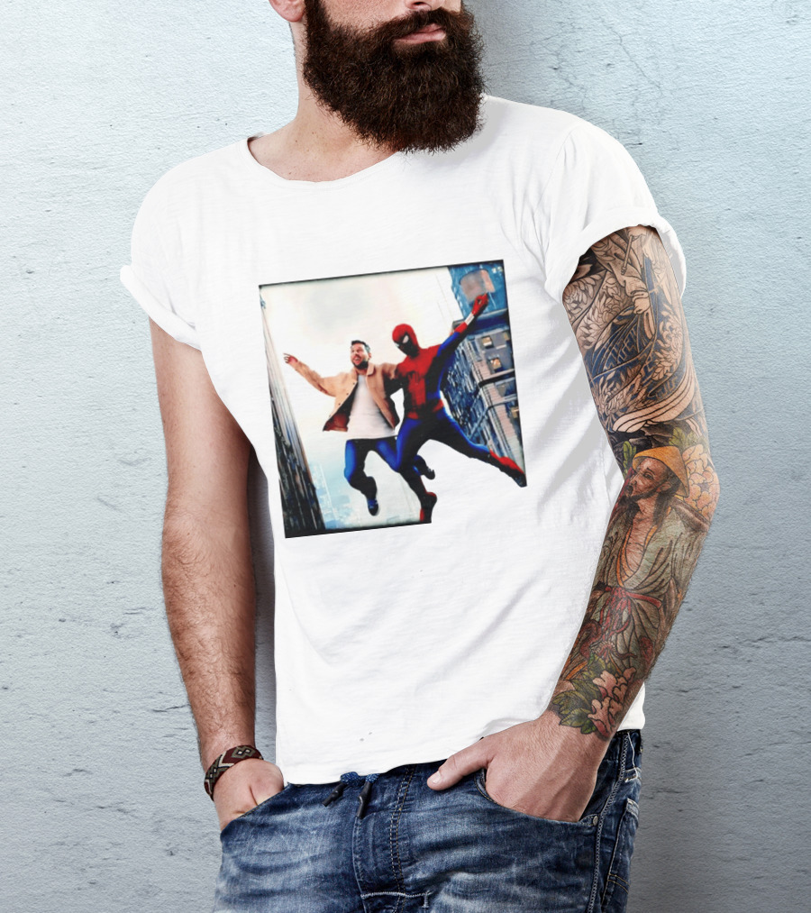 Lionel Messi And Spider Man Jump In City Marvel Cinematic Universe T-Shirt