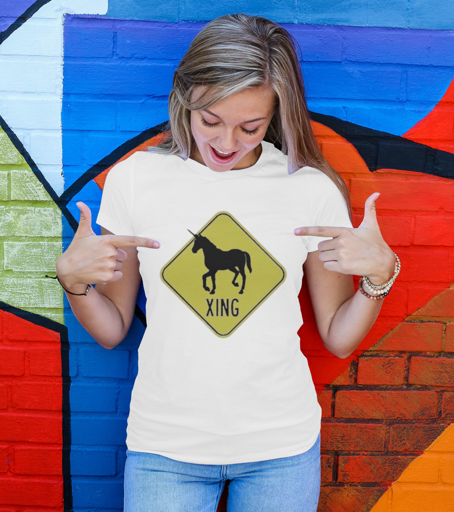 Unicorn Xing Mythical Creature Crosswalk Sign T-Shirt