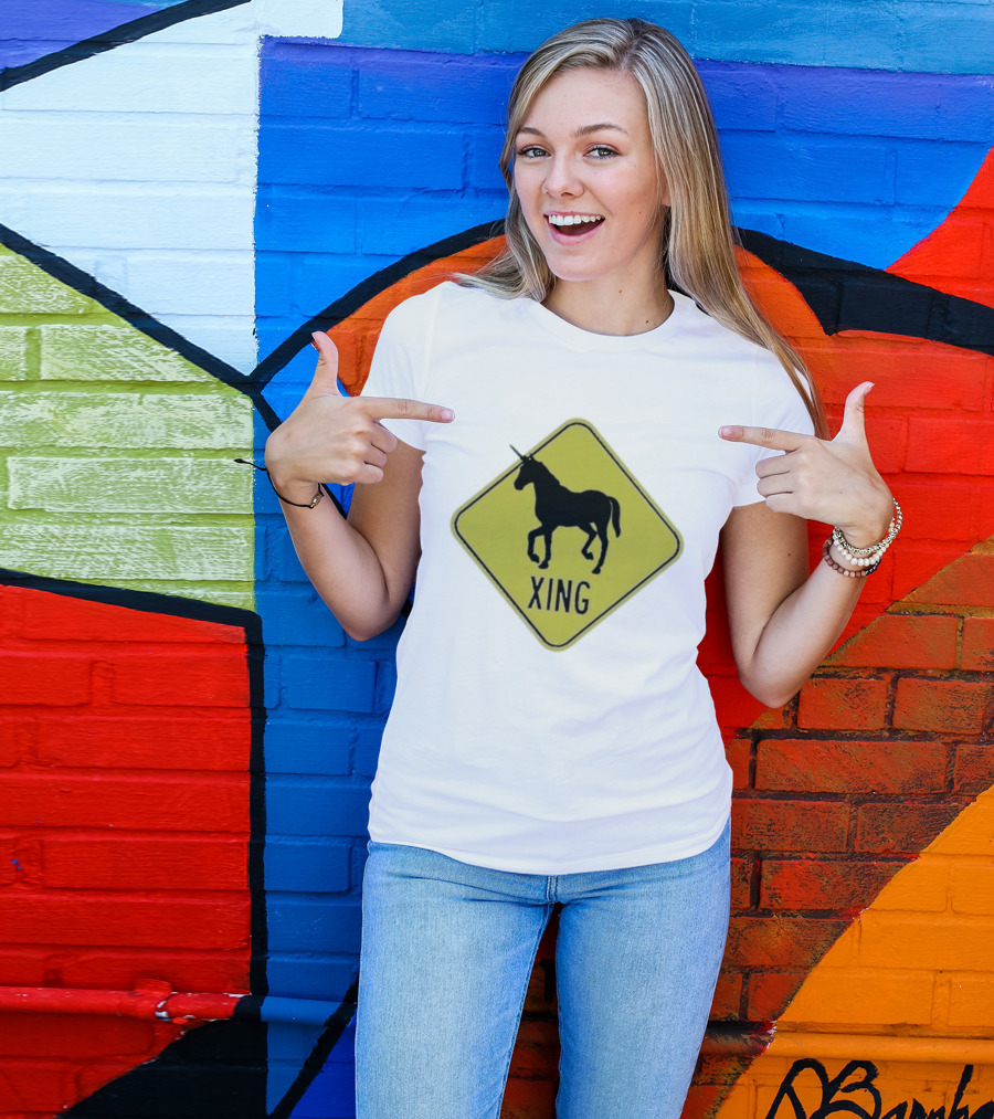 Unicorn Xing Mythical Creature Crosswalk Sign T-Shirt