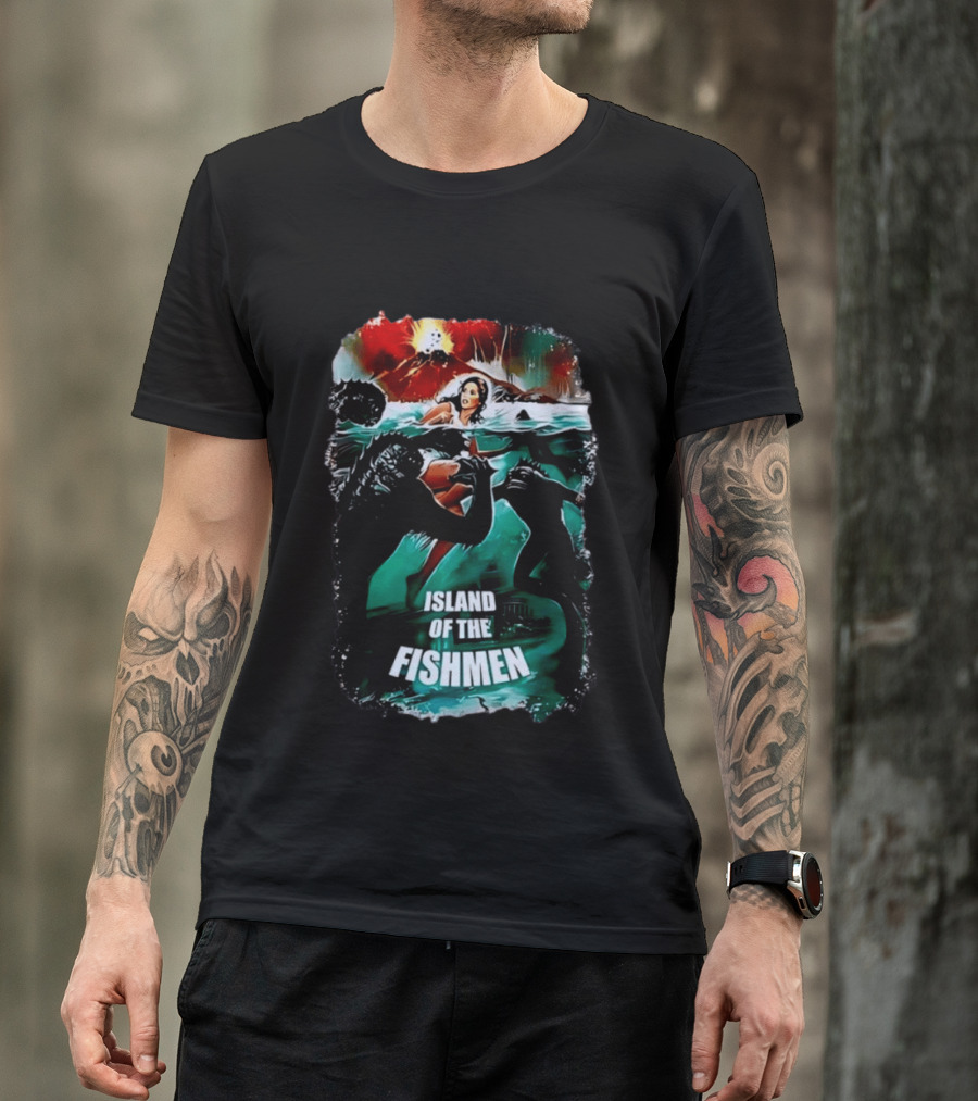 Island Of The Fishmen Vintage Movie Scene With Sea Monsters And Volcano T-Shirt