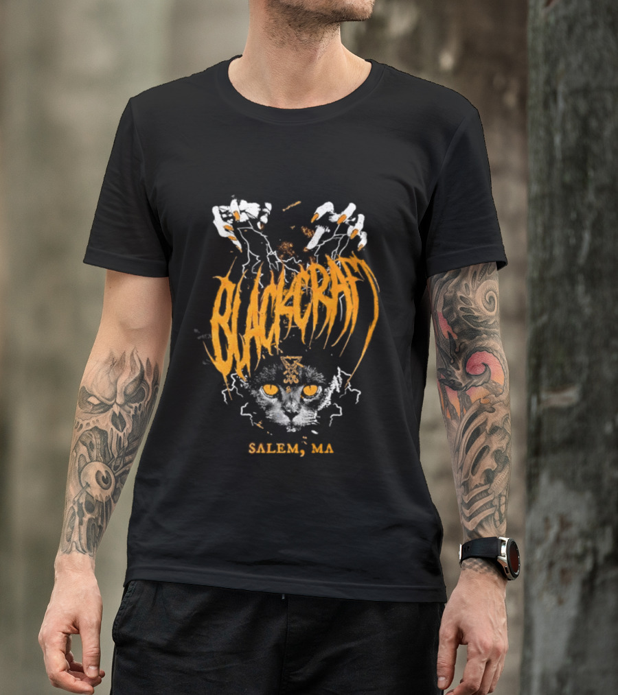 Blackcraft Salem MA Cat Occult Theme With Leviathan Cross T-Shirt