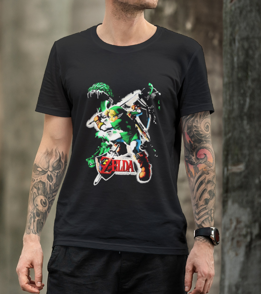 Legend Of Zelda Ocarina Of Time Link Fighting Enemies T-Shirt