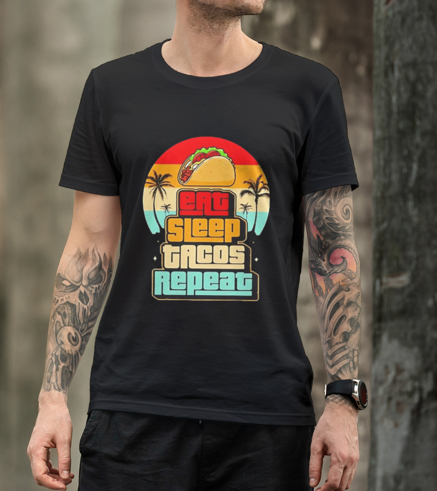 Eat Sleep Tacos Repeat Gaming Retro Sunset Palm Trees T-Shirt