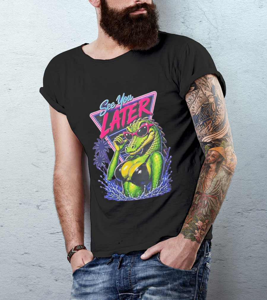 See You Later Crocodile Basking In Bikini With Sunglasses Retro Neon T-Shirt