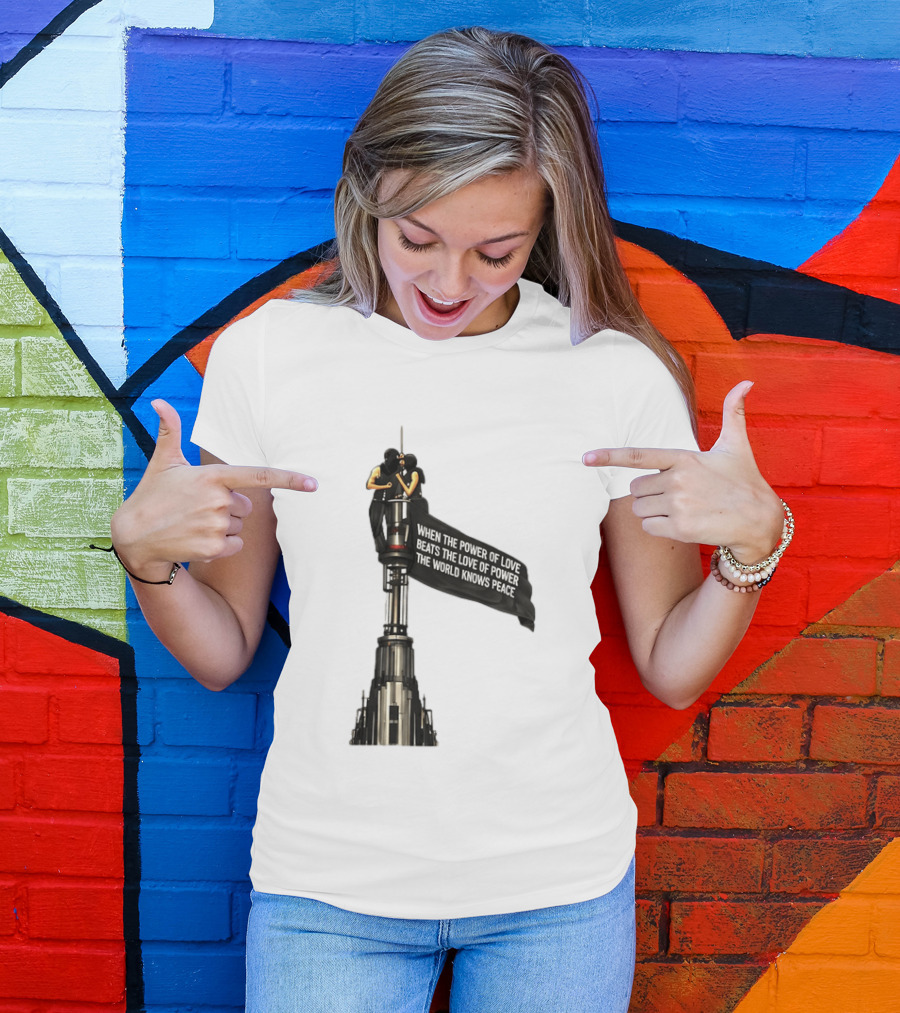 Angela Nikolau And Ivan Beerkus Love And Peace Flag On Empire State Building T-Shirt
