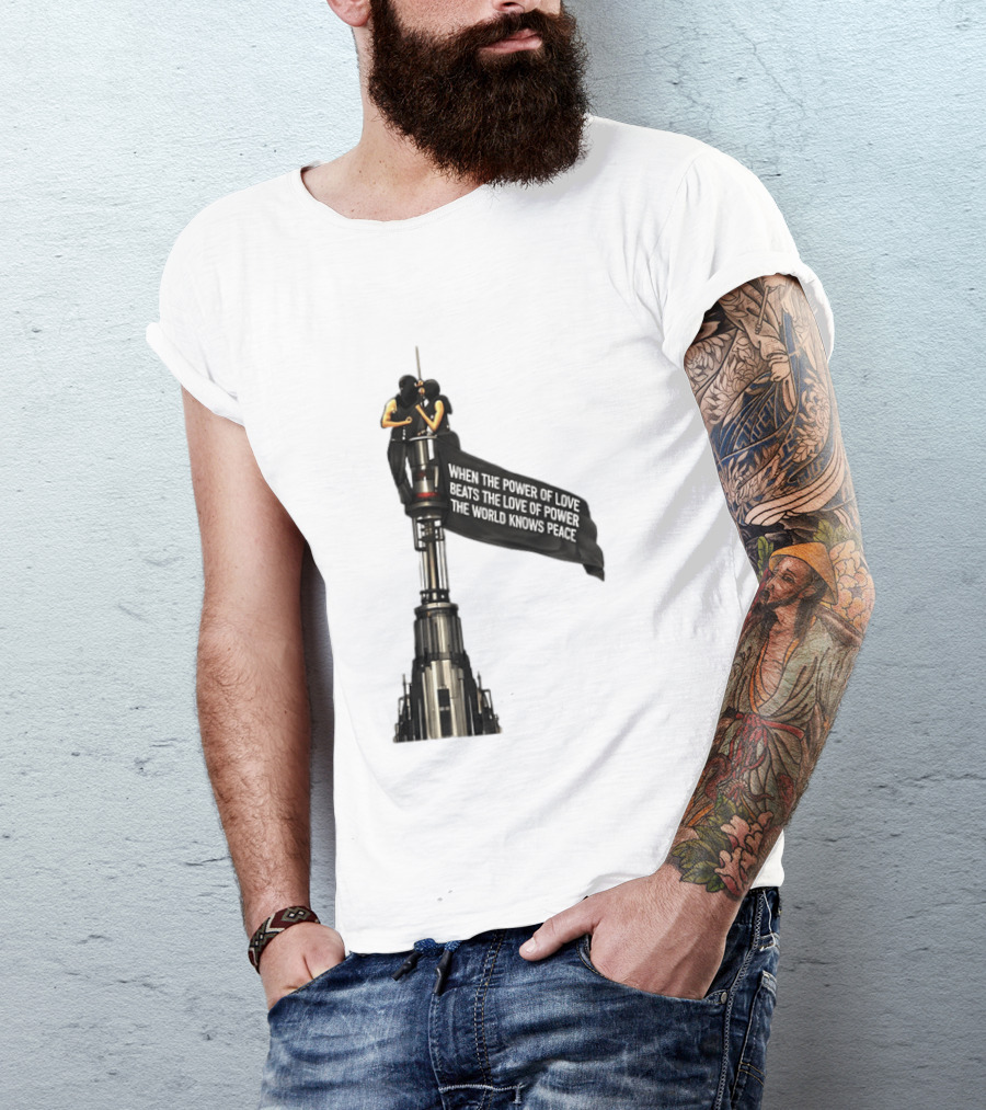 Angela Nikolau And Ivan Beerkus Love And Peace Flag On Empire State Building T-Shirt