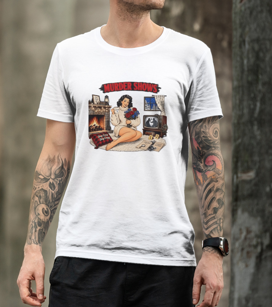 Murder Shows Cozy Creepy Mystery Scene With Fire, Roses, And Vintage TV T-Shirt