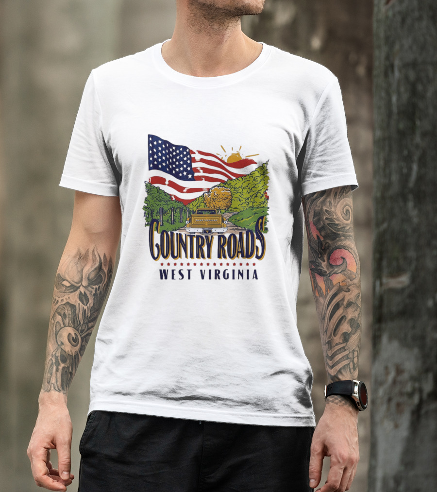 Country Roads West Virginia American USA Flag Vintage Truck Scenic Route T-Shirt