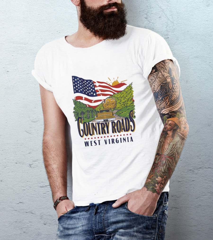 Country Roads West Virginia American USA Flag Vintage Truck Scenic Route T-Shirt