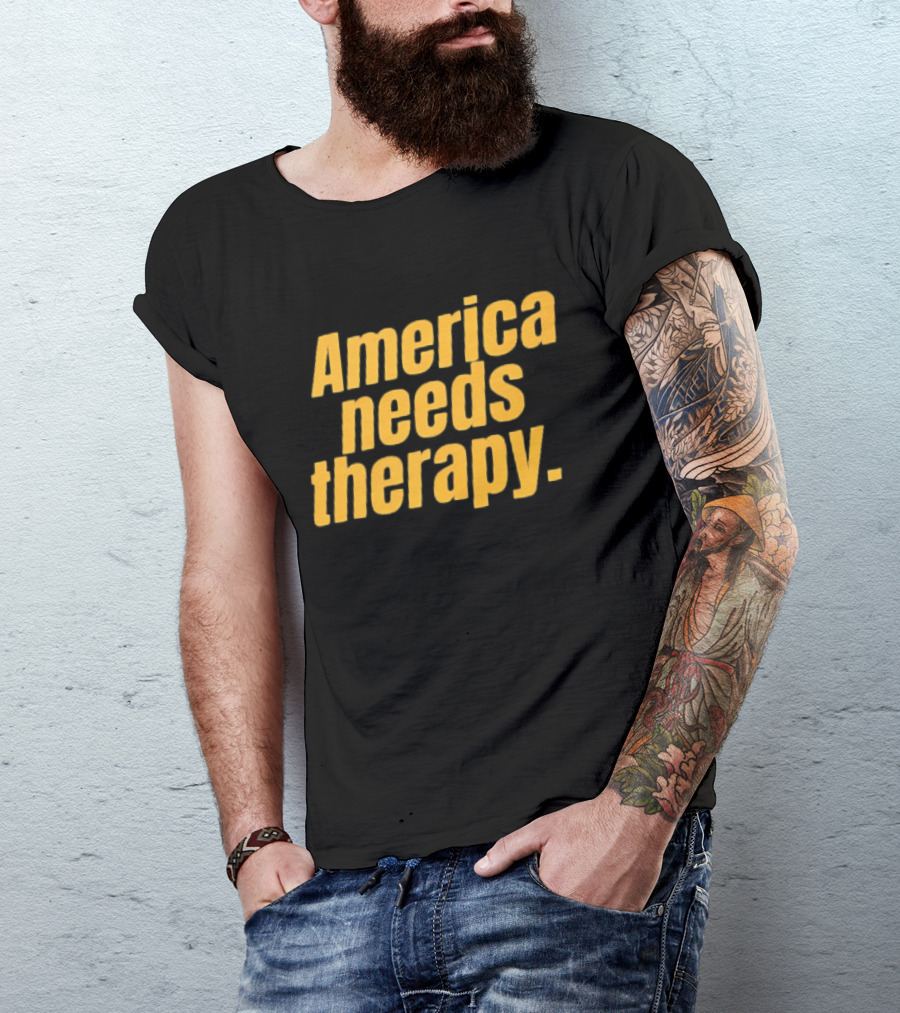 America Needs Therapy Brown Bold Yellow T-Shirt