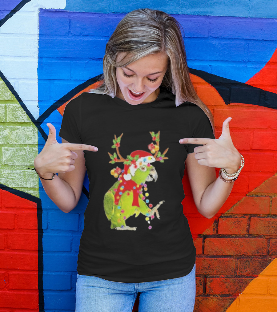 Festive Parrot Wearing Santa Hat And Reindeer Antlers T-Shirt