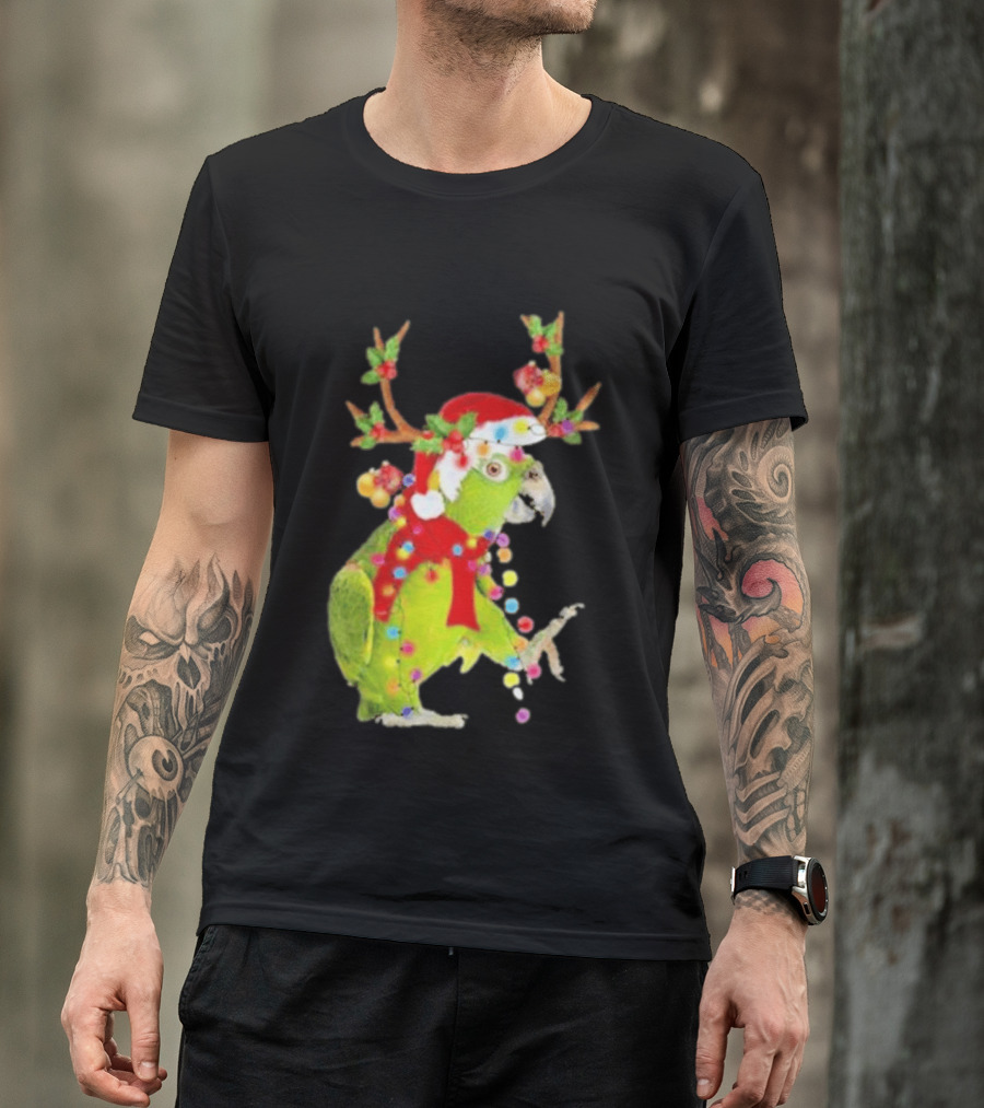 Festive Parrot Wearing Santa Hat And Reindeer Antlers T-Shirt