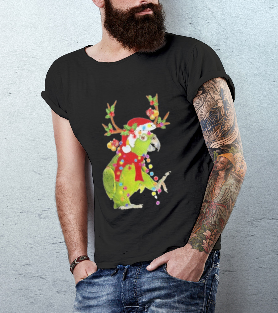 Festive Parrot Wearing Santa Hat And Reindeer Antlers T-Shirt