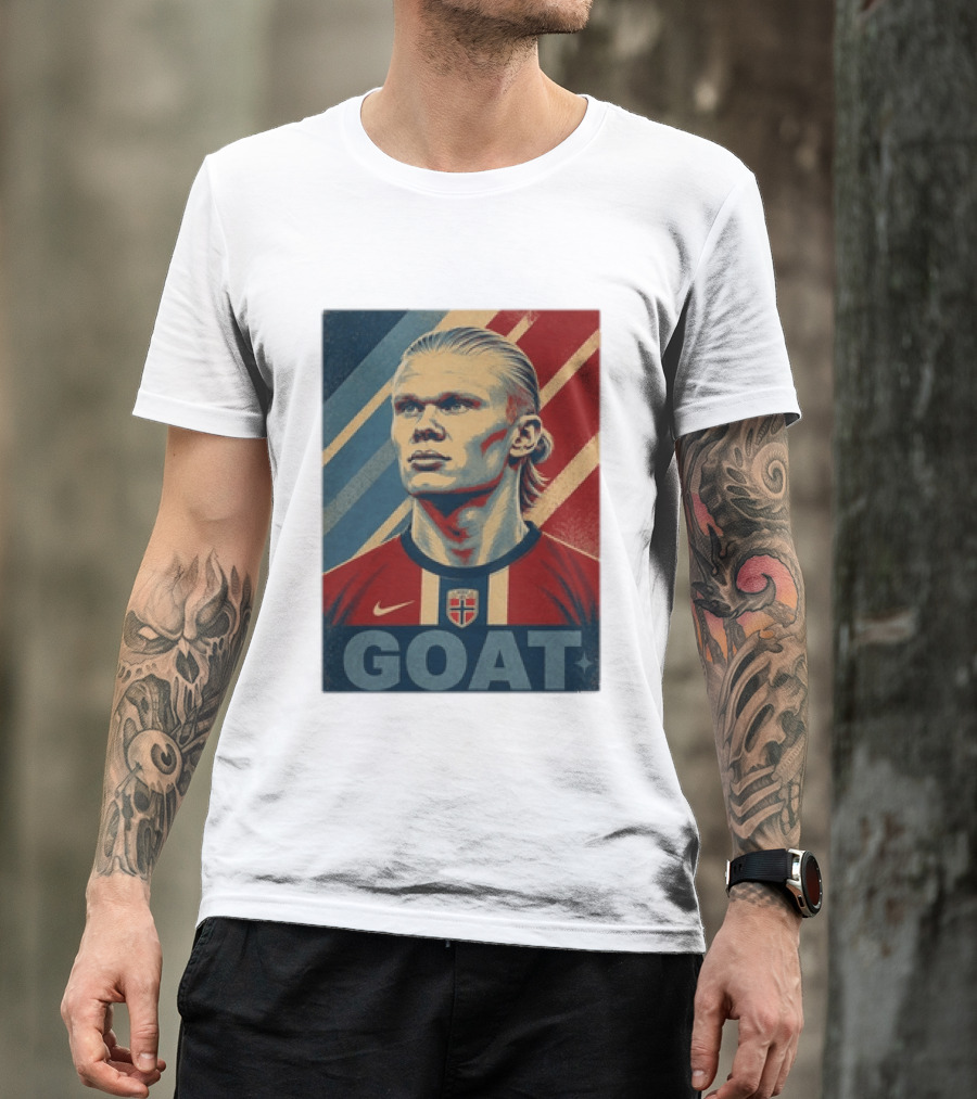 Erling Haaland G.O.A.T Norway Soccer Legend Iconic Red Blue Stripes T-Shirt