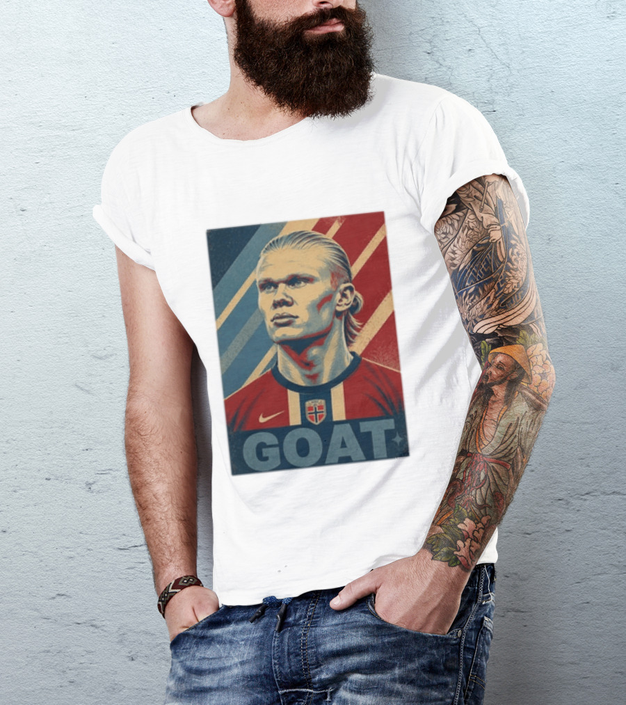 Erling Haaland G.O.A.T Norway Soccer Legend Iconic Red Blue Stripes T-Shirt