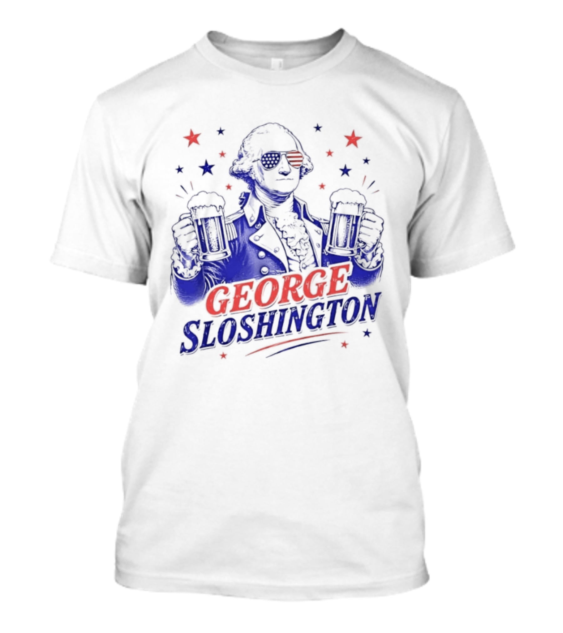 GEORGE SLOSHINGTON Party Patriot Drinking Beer Red White Blue Stars T-Shirt