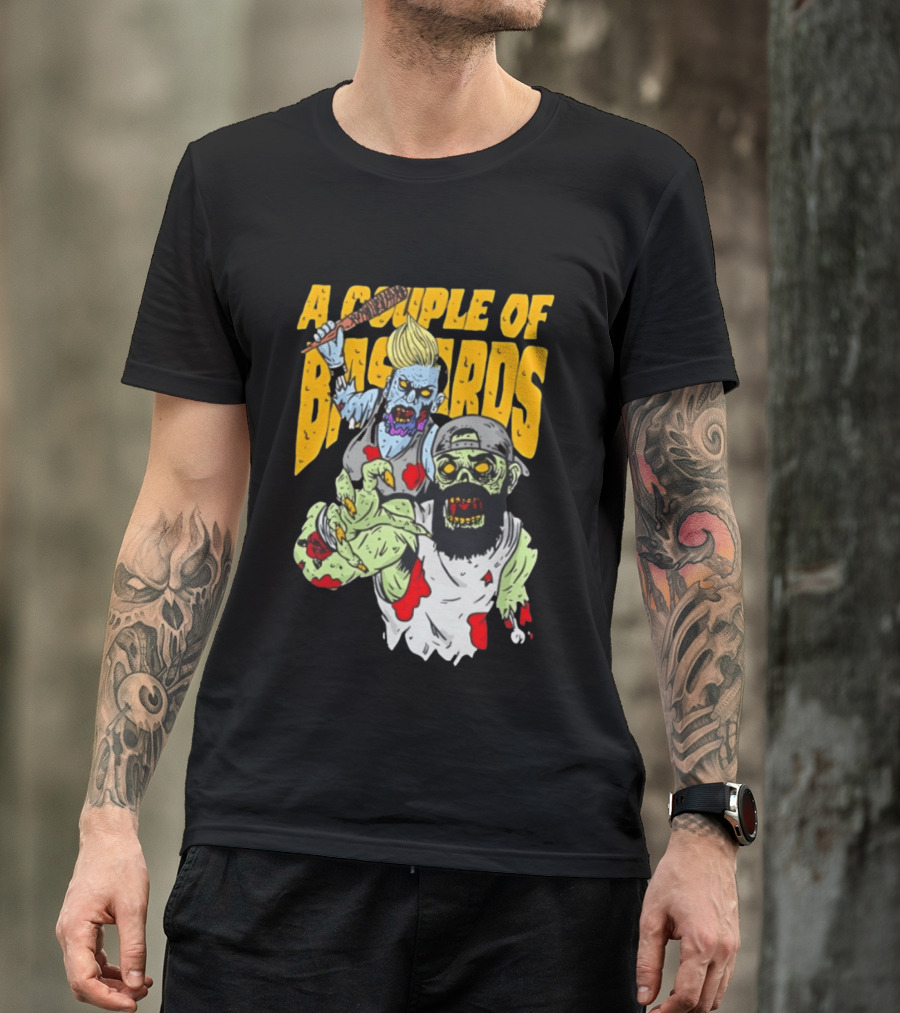 A Couple Of Bastards Zombie Cartoon With Baseball Bat And Beard T-Shirt