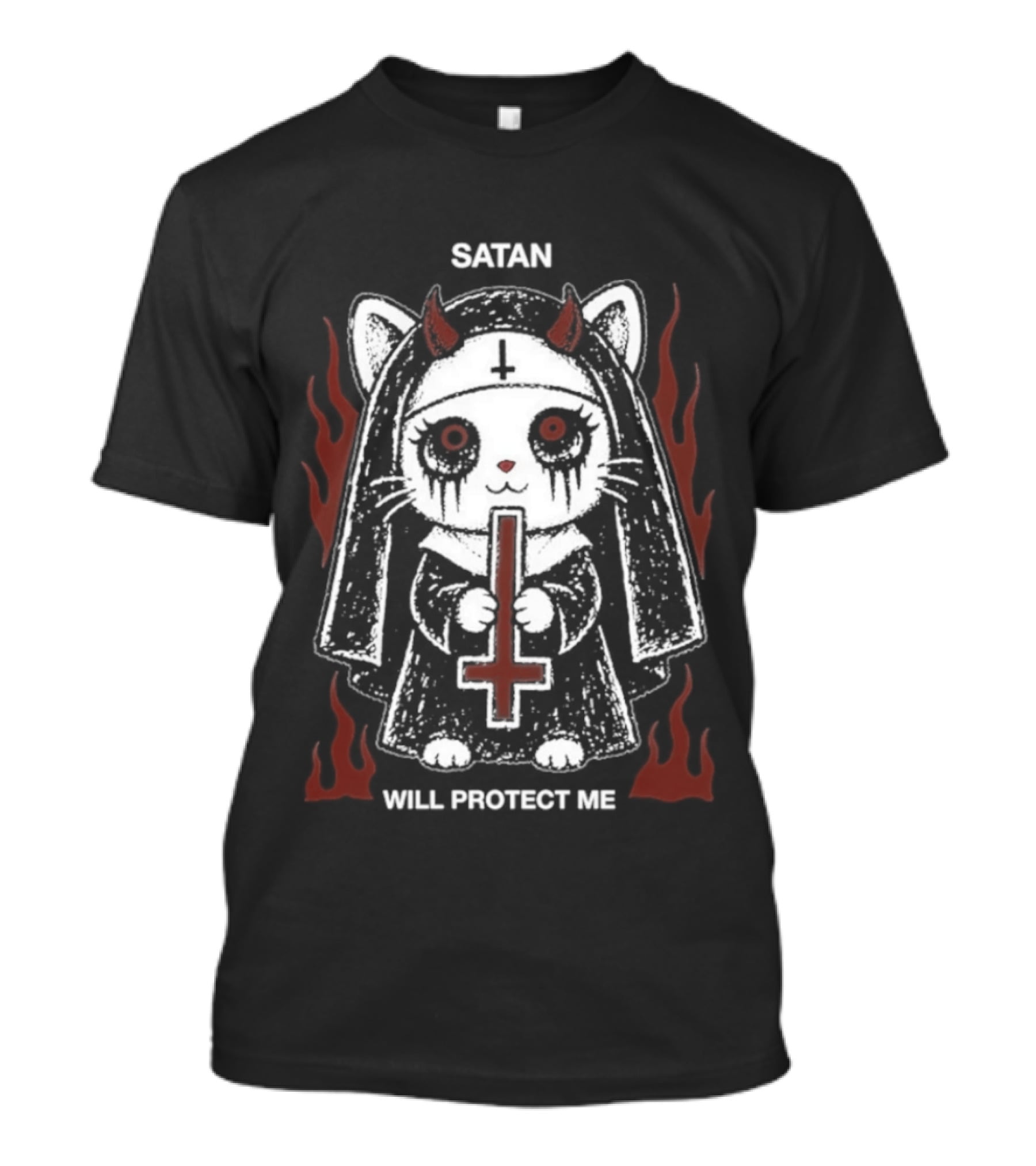 Satan Will Protect Me Goth Cat Nun Dark Aesthetic Devil Horns Fiery Flames T-Shirt