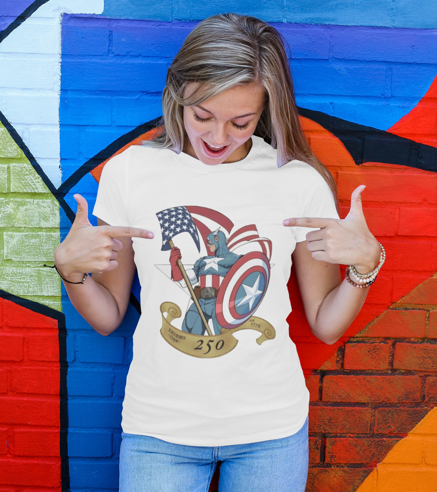 Captain America Marvel 250 E Pluribus Unum EST 1776 Patriotic Hero Shield American Flag T-Shirt