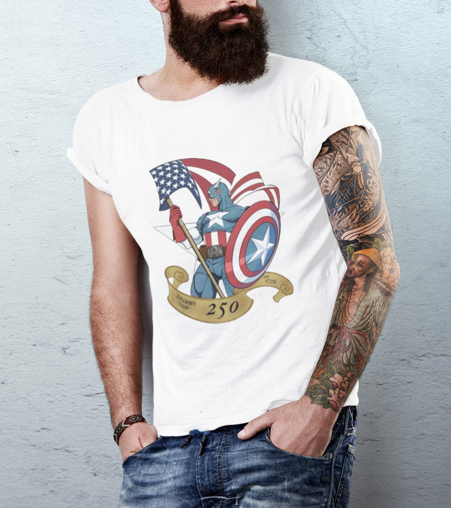 Captain America Marvel 250 E Pluribus Unum EST 1776 Patriotic Hero Shield American Flag T-Shirt