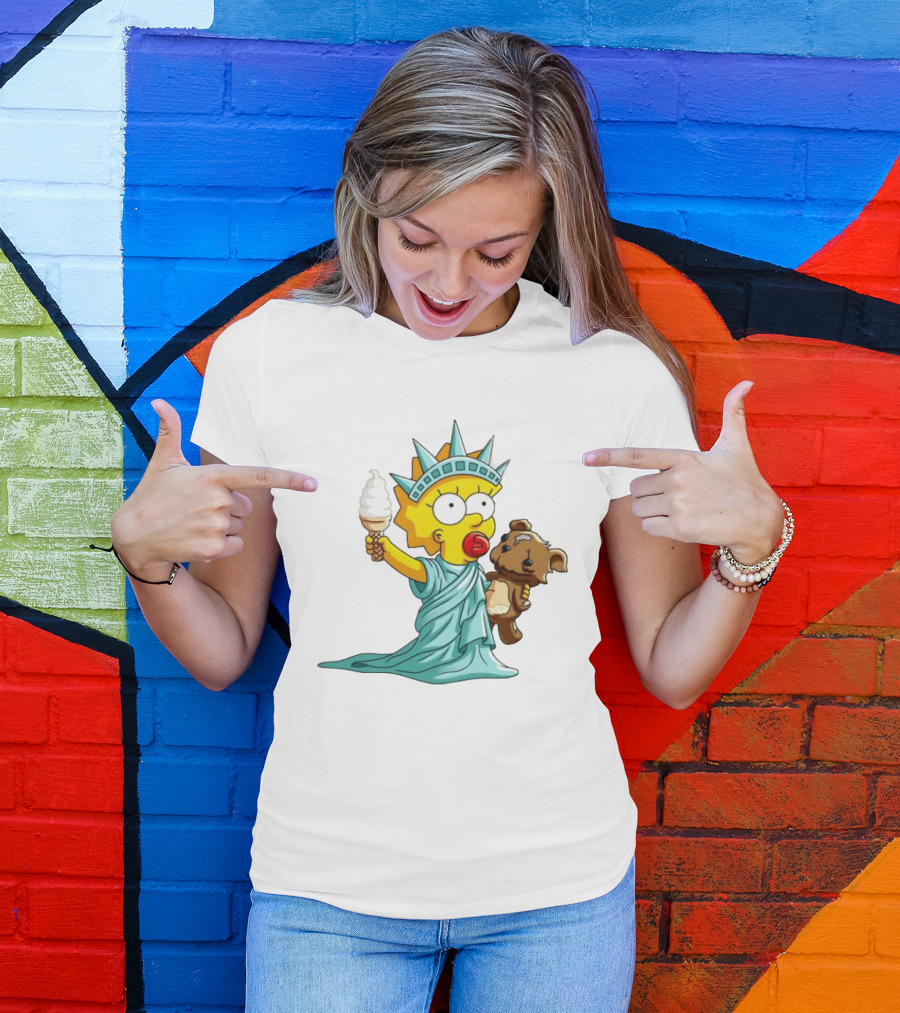 Statue Of Liberty Baby With Ice Cream And Teddy Bear Cartoon T-Shirt