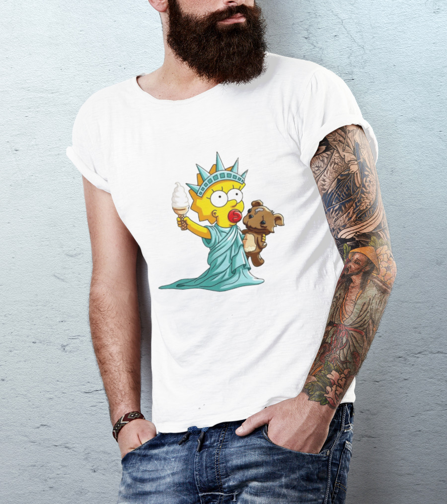 Statue Of Liberty Baby With Ice Cream And Teddy Bear Cartoon T-Shirt