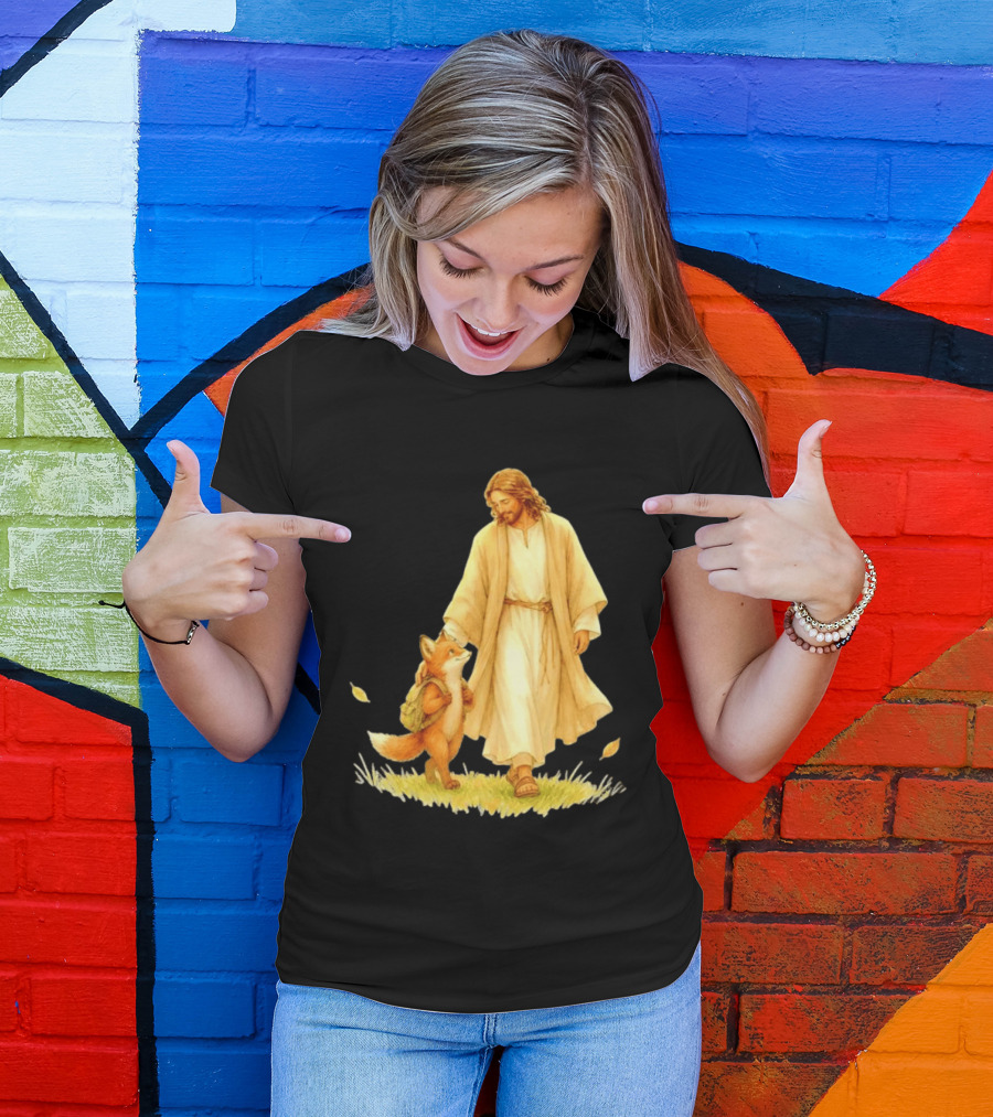 Jesus Christ And Fox Companion With Backpack In Nature Scene T-Shirt