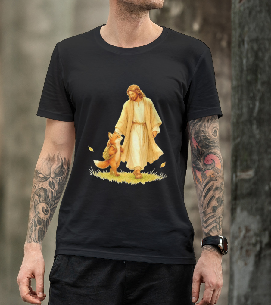 Jesus Christ And Fox Companion With Backpack In Nature Scene T-Shirt
