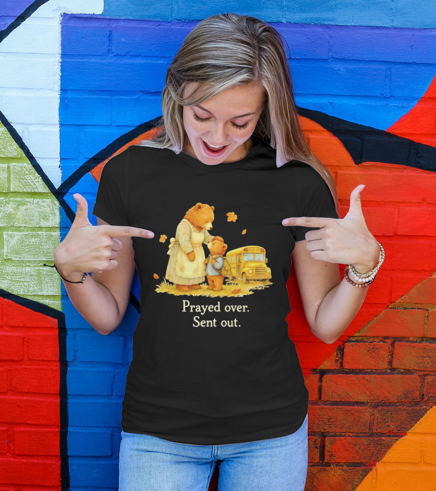 Mama Bear And Cub School Bus Prayed Over Sent Out Back To School Autumn Scene T-Shirt