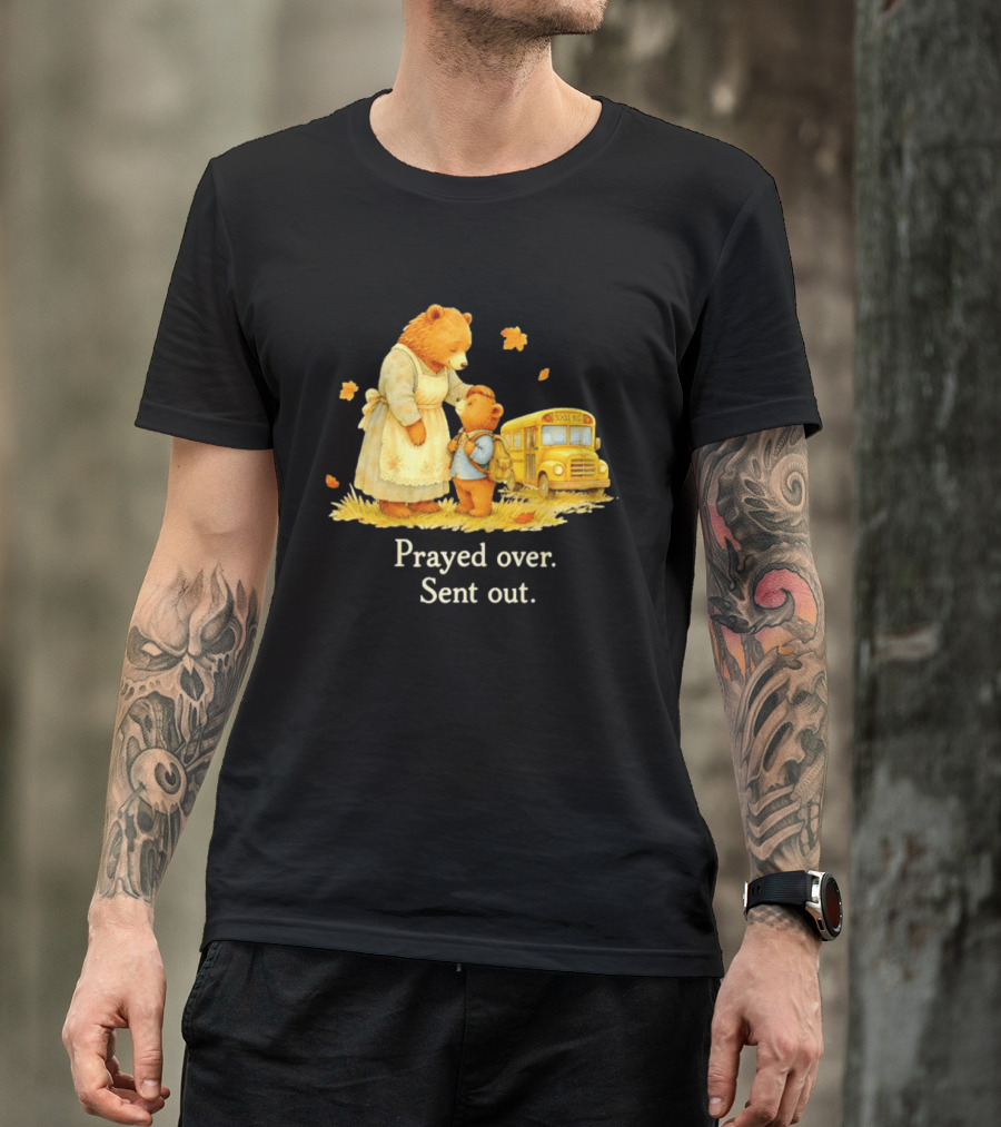 Mama Bear And Cub School Bus Prayed Over Sent Out Back To School Autumn Scene T-Shirt