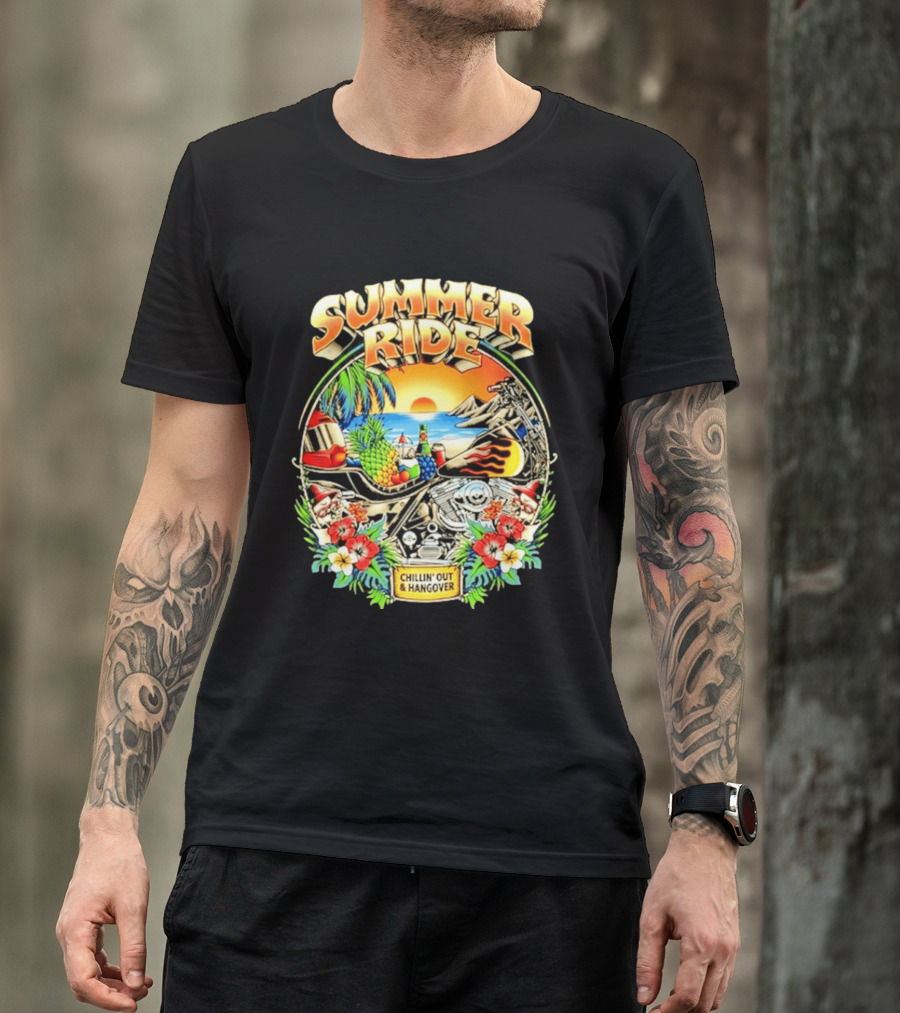 Summer Ride Chillin' Out Hangover Motorcycle Beach Sunset Tropical Fruits Floral T-Shirt