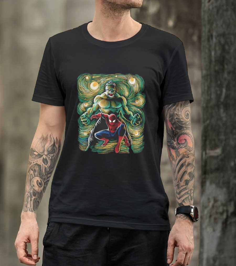 Hulk And Spider Man Marvel Comics Starry Night Sky Superhero Collaboration T-Shirt