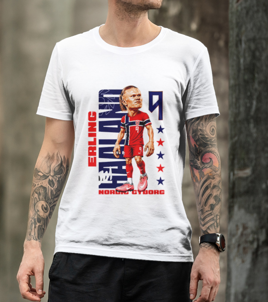 Erling Haaland No 9 Nordic Cyborg Stars And Stripes Caricature T-Shirt