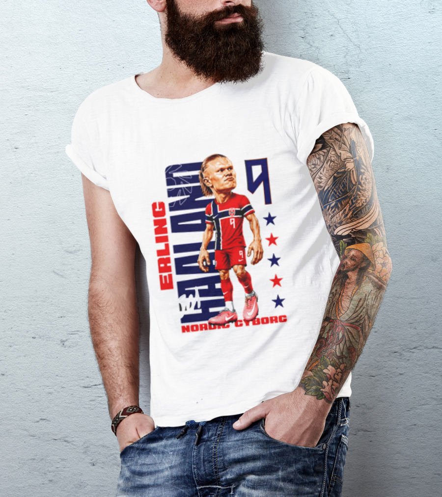Erling Haaland No 9 Nordic Cyborg Stars And Stripes Caricature T-Shirt