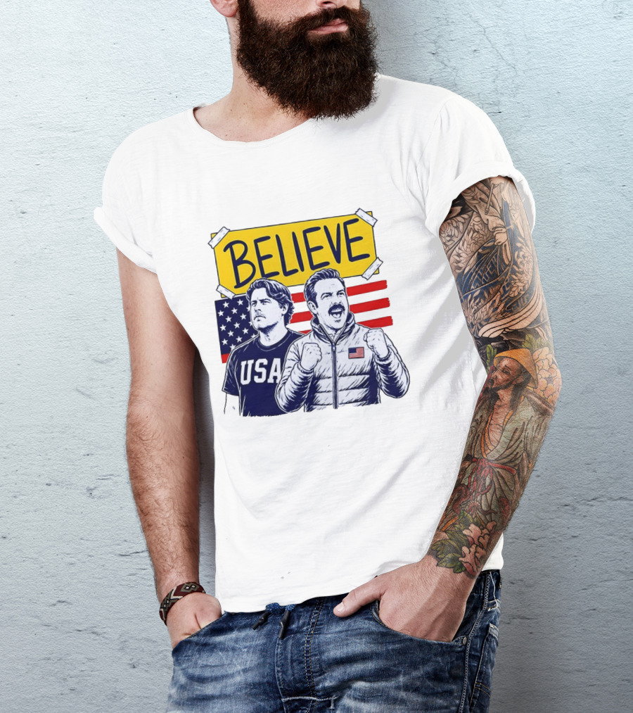 Ted Lasso Coach Beard Believe USA American Flag Scene T-Shirt