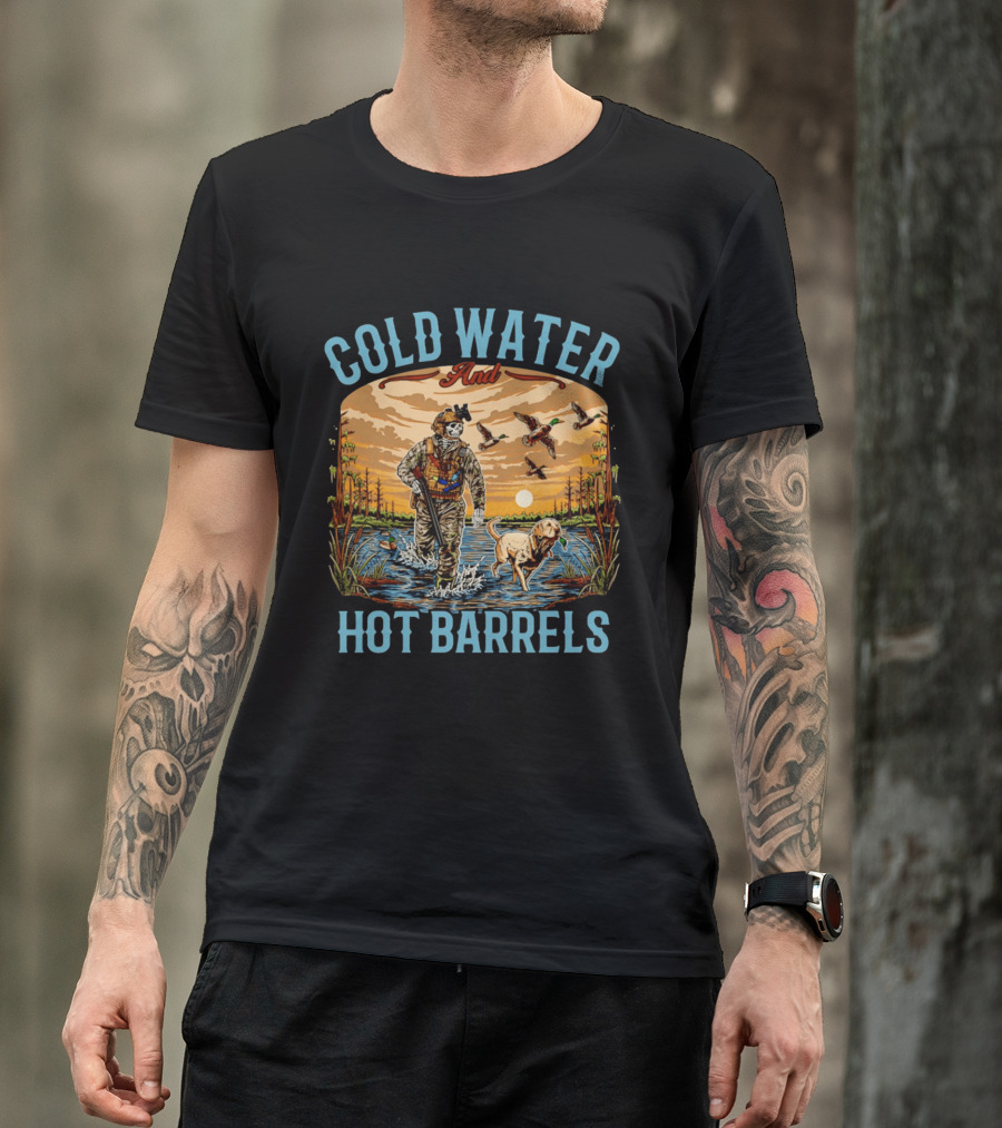 Cold Water And Hot Barrels Skeleton Hunting Ducks Scene With Dog T-Shirt
