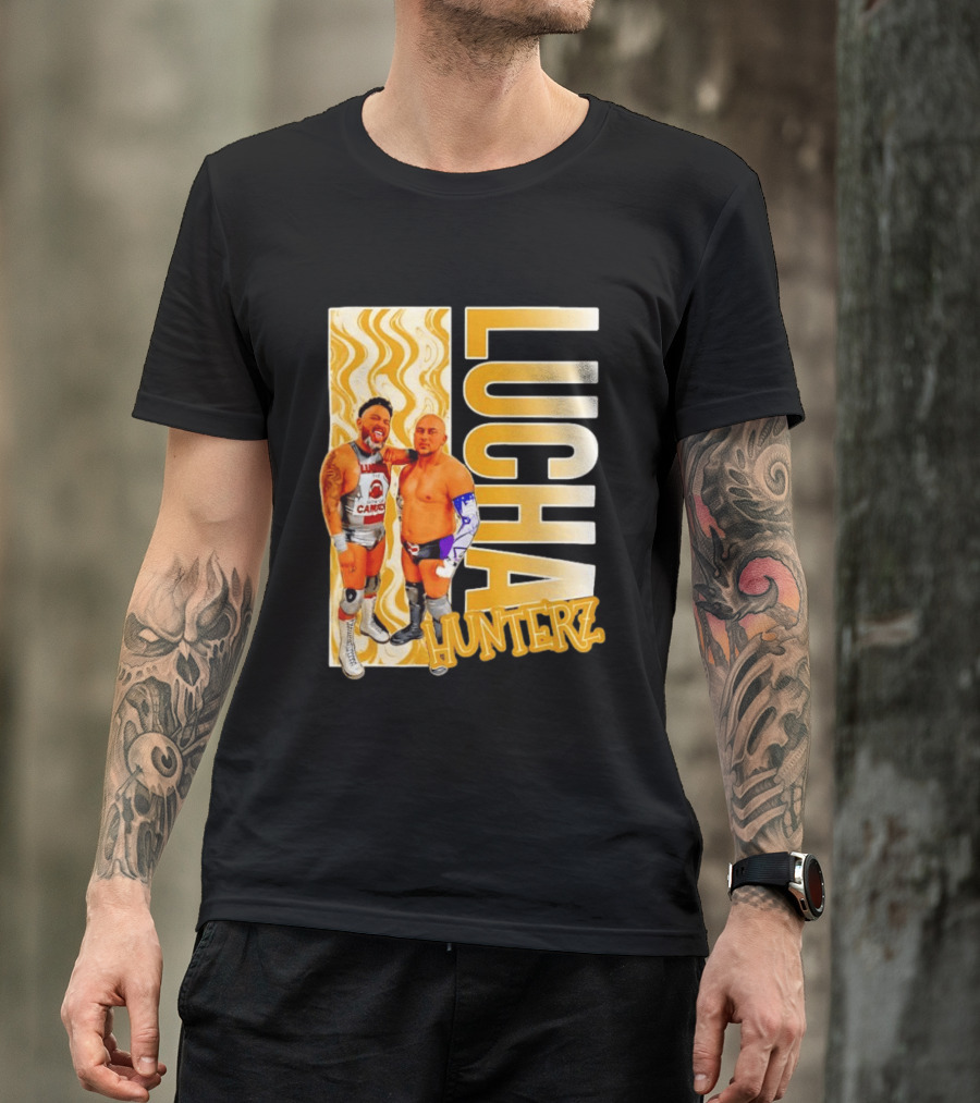 Lucha Hunterz Wrestlers Duo With Llamas And Gold Accents T-Shirt