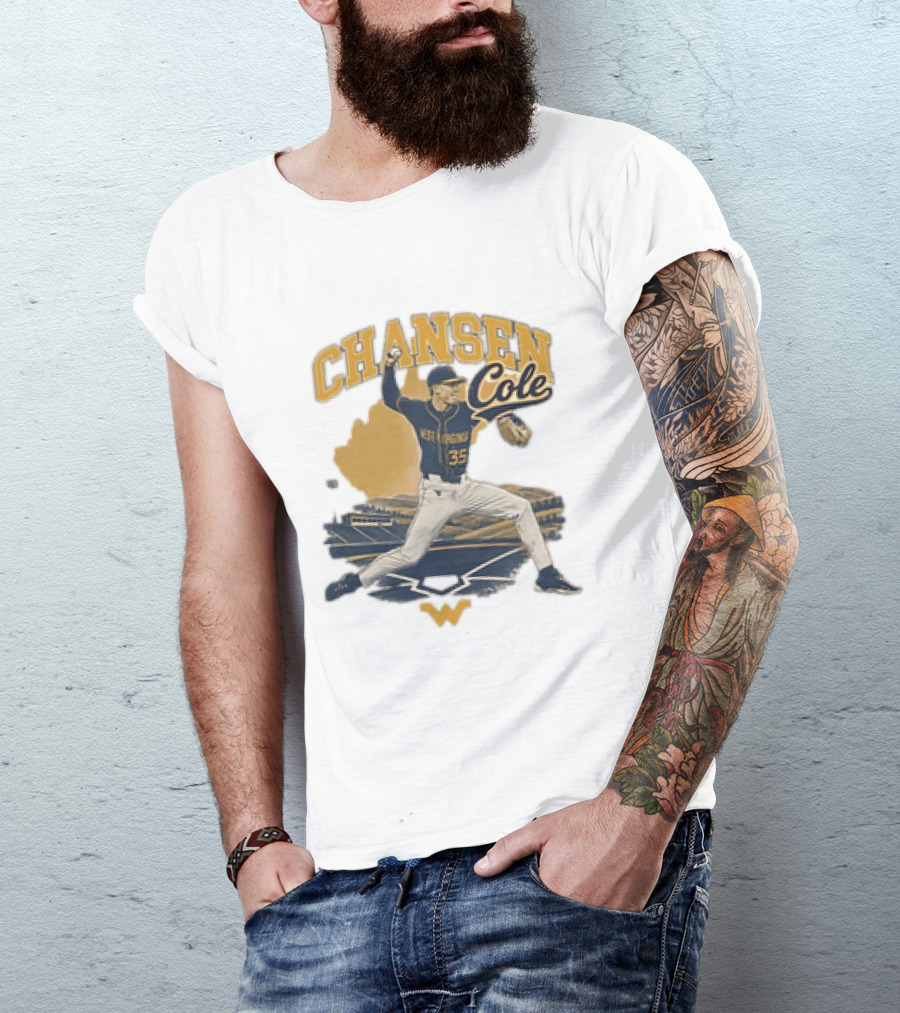 Chansen Cole West Virginia Mountaineers Baseball Player 35 Pitching Action T-Shirt