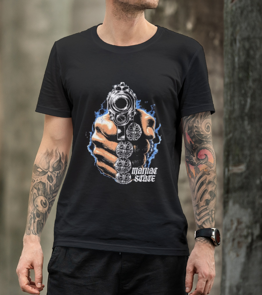 Maniac State Handgun Fist Chrome Cross Rings T-Shirt